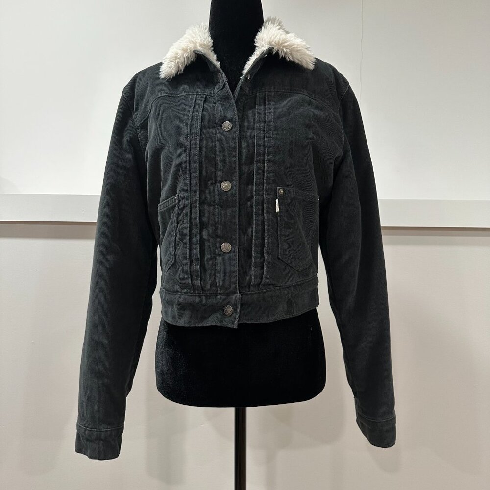 NWOT Levi's Women’s Gray Blue Corduroy Fur Lined Cropped Jacket Coat Size Medium
